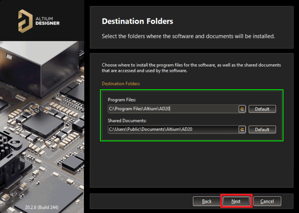 انتخاب مسیر نصب آلتیوم دیزاینر در نسخه 2020