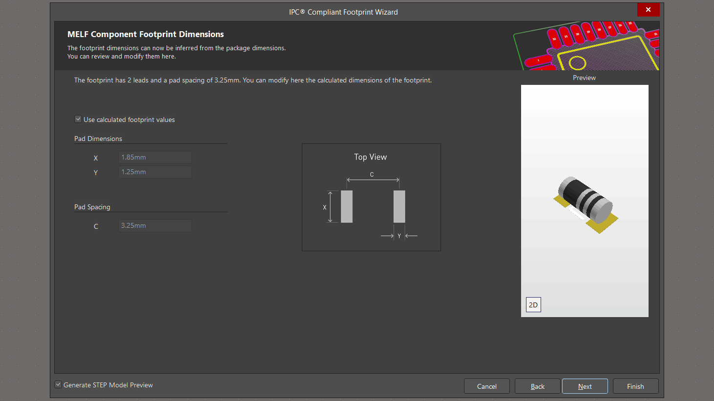 تنظیم سایز و اشکال پد های کتابخانه قطعات MELF