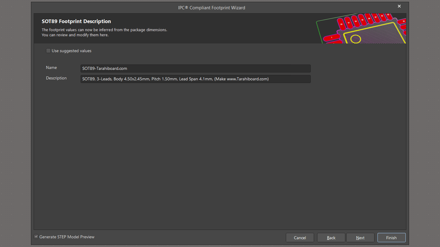 تنظیم نام و توضیحات فوت پرینت قطعه SOT89