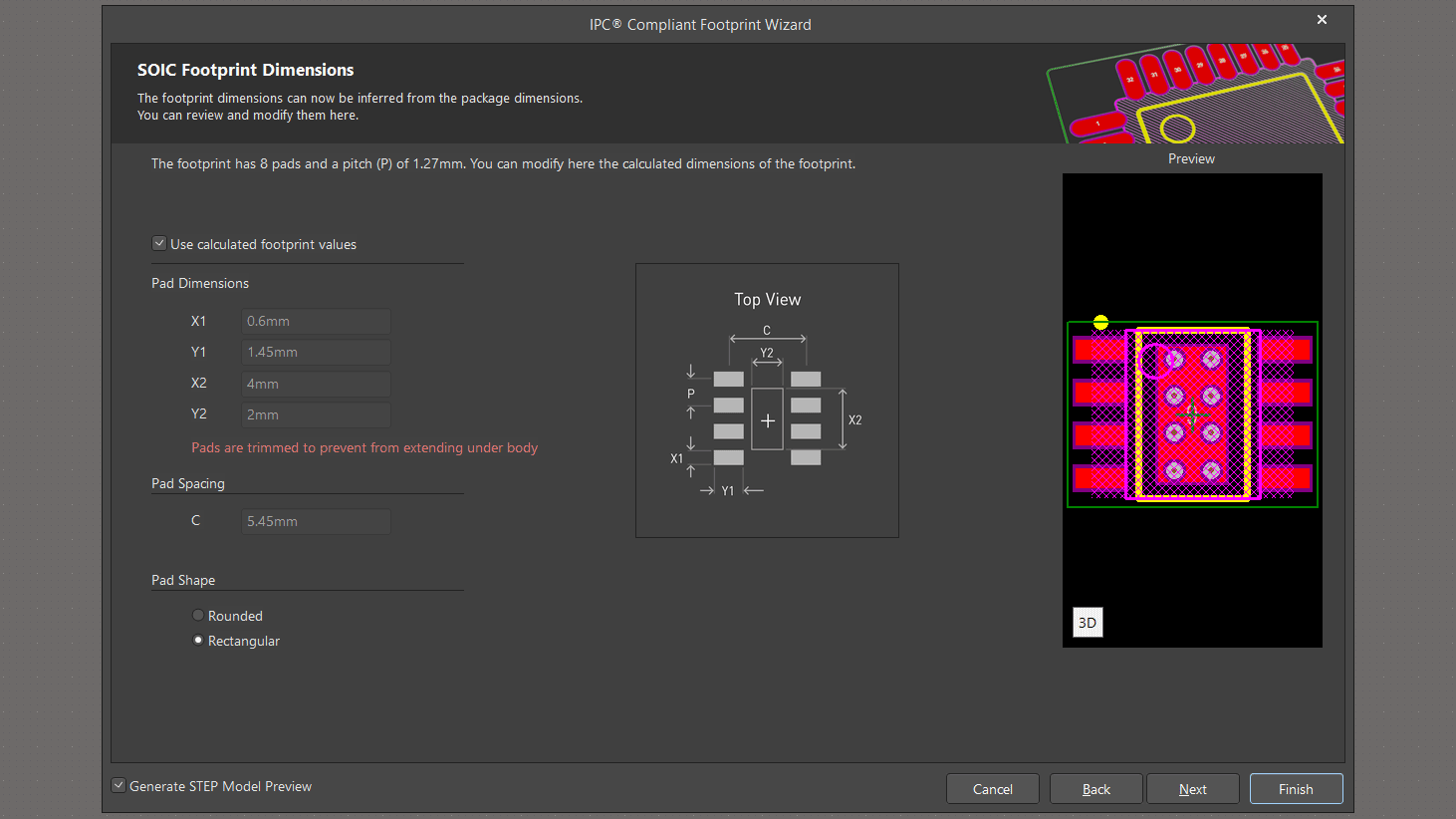 تنظیم سایز و اشکال پد های قطعه SOIC8