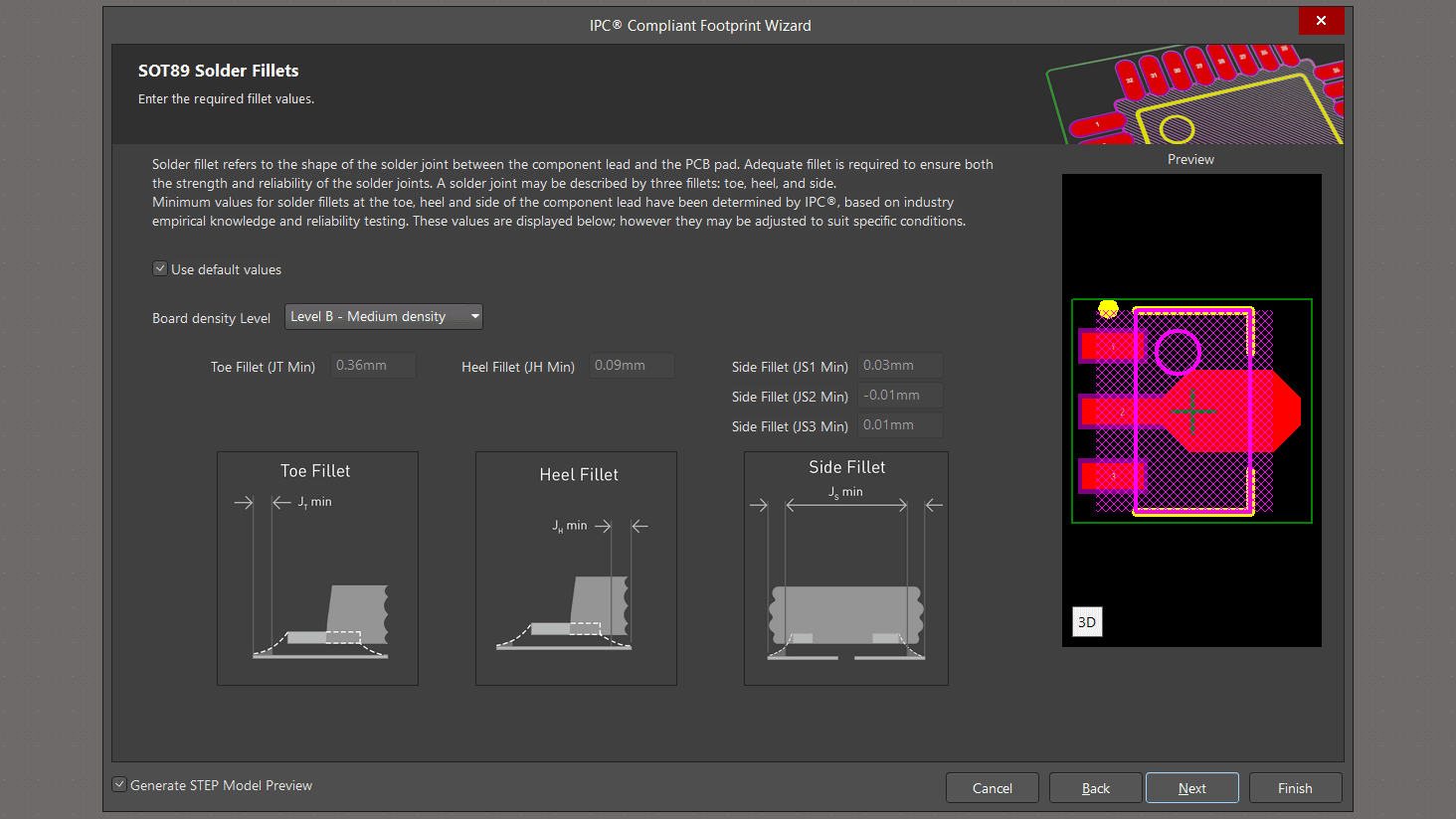 تنظیمات پد برای لحیم کاری قطعه SOT89
