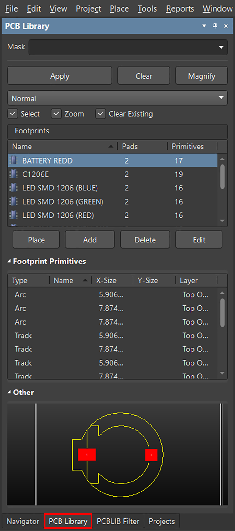 تولبار PCB Library برای مشاهده کردن تمامی فوت پرینتها