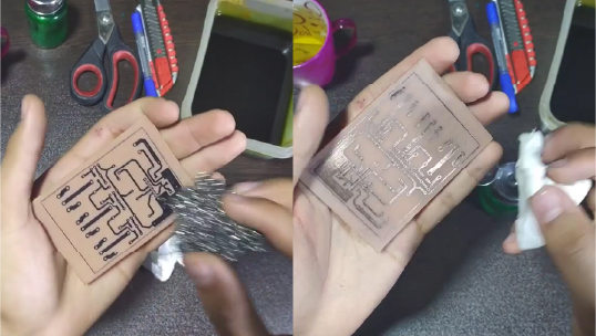 پاک کردن پودر روی برد مدار چاپی بعد از اسید کاری و ساخت فیبر مدار چاپی با اتو